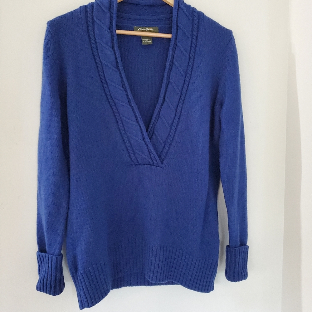 EDDIE BAUER Sz L 100% Merino Wool Shawl Neck Blue Sweater Deep V-Neck Cabin Core